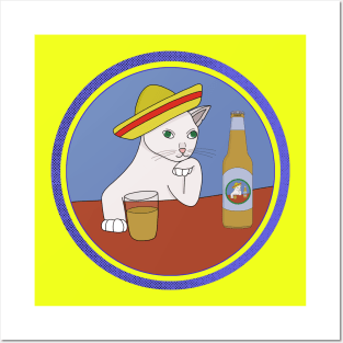 A cat Wearing a Sombrero and Drinking Posters and Art